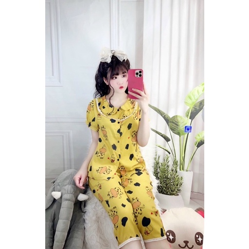 Đồ ngủ ngố lửng mặc nhà hoạ tiết bò sữa cổ sen siêu xinh mát mặc hè