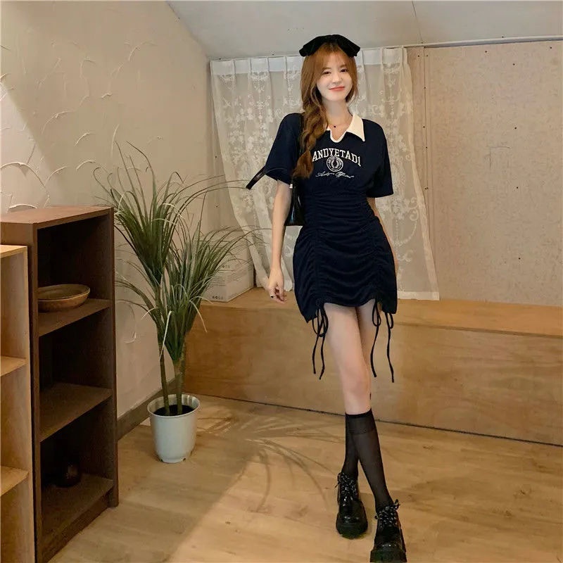 COZOK Đầm Ngắn Tay Cổ Bẻ Thiết Kế Dây Rút Xếp Ly Nữ Tính