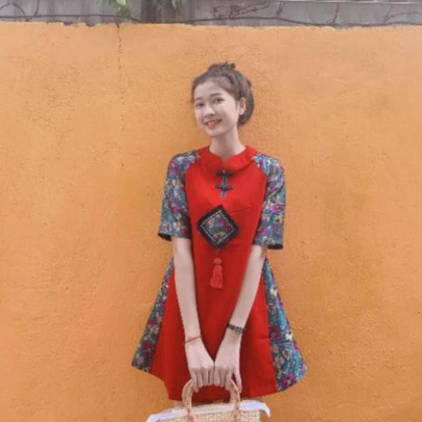 Áo dài cách tân phong cách, đầm đỏ sườn xám phối gấm hoa cao cấp | BigBuy360 - bigbuy360.vn