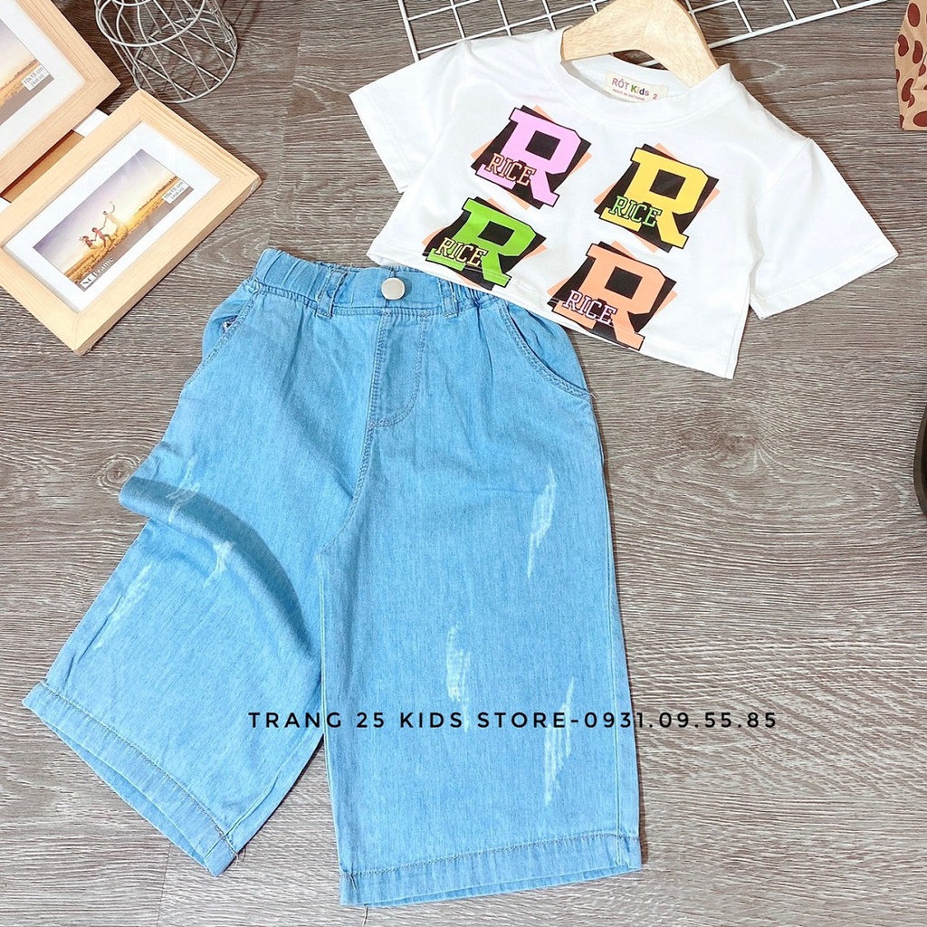 Bộ Áo Thun Quần Jean ống rộng bé gái , Áo Croptop Quần Jean Co Giãn , Trang 25 Kids - As19