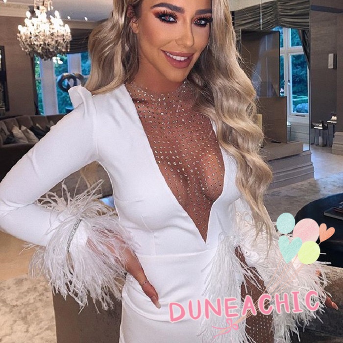 DUNEA Đầm phối lông vũ xinh xắn thời trang gợi cảm cho nữ