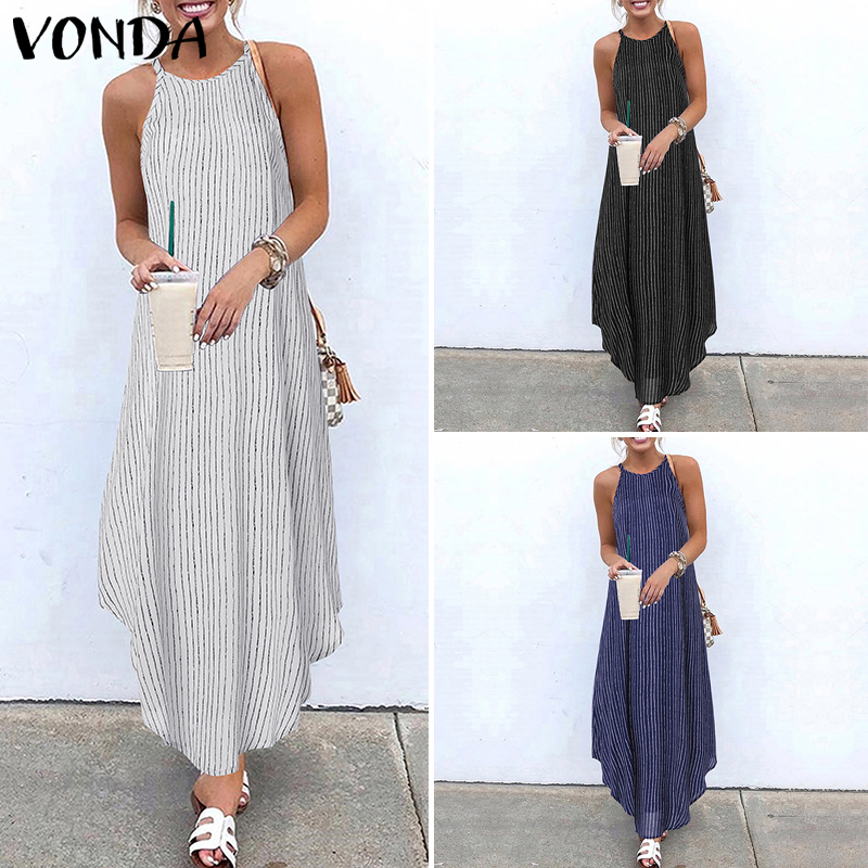 Đầm Maxi VONDA Sát Nách Hoạ Tiết Kẻ Sọc Dáng Rộng Thoải Mái Thanh Lịch | BigBuy360 - bigbuy360.vn