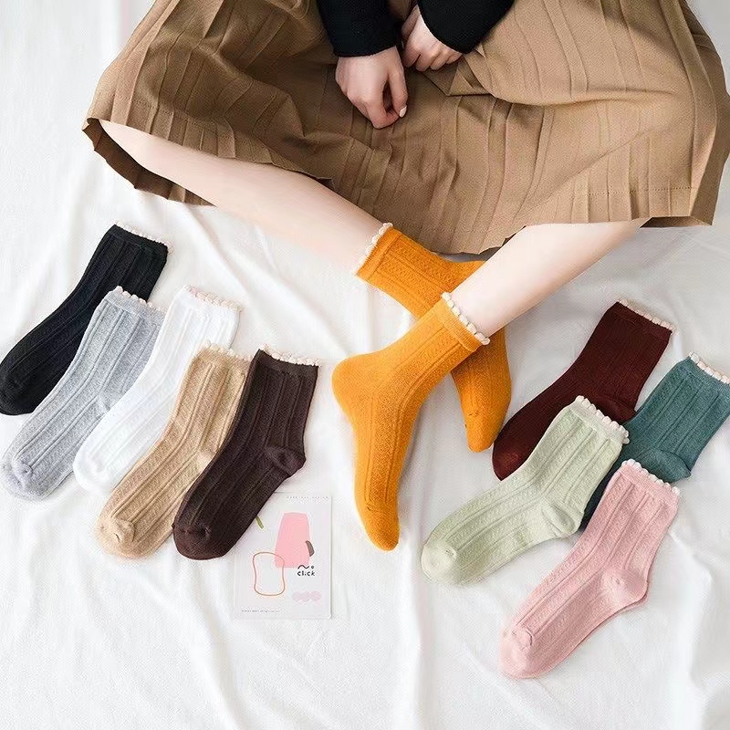 Tất cotton ống vừa phối ren màu trơn phong cách đơn giản linh hoạt cho nữ