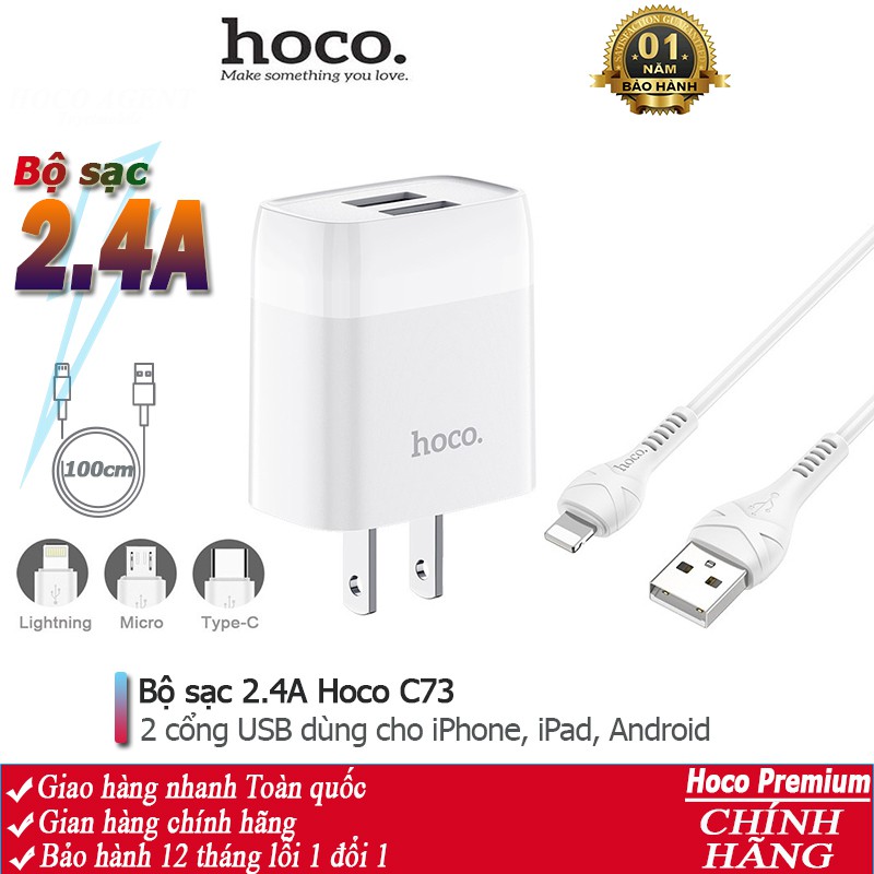 Bộ sạc cáp Hoco C73 dòng 2.4A đầu ,Micro,Type-C,2 cổng USB,dây dài 1m-