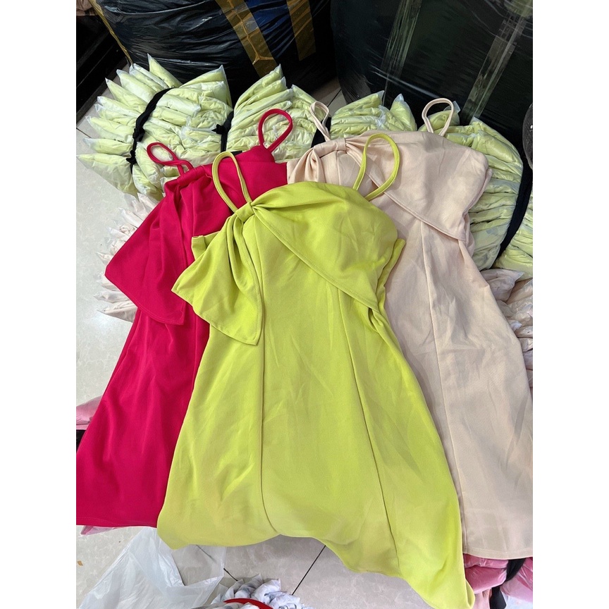 [8.8 Sales Freeship] Đầm tiểu thư nữ 2 dây đính nơ dáng xòe, đầm umi chữ A nơ ngực đi tiệc sang trọng