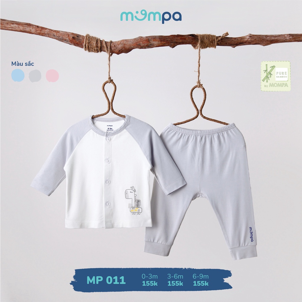 Bộ quần áo sơ sinh Mompa 0-9 tháng vải sợi tre bamboo dài tay cúc giữa mềm co giãn 011
