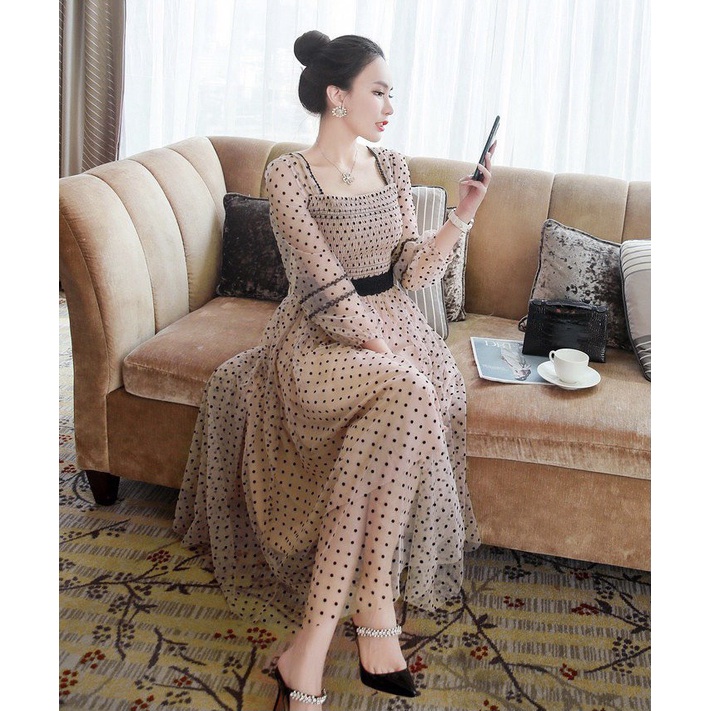 [sale 50% free ship] Đầm midi dáng dài đi dự tiệc cưới siêu xinh với chất lưới bi chủ đạo độc đáo có ép nhung