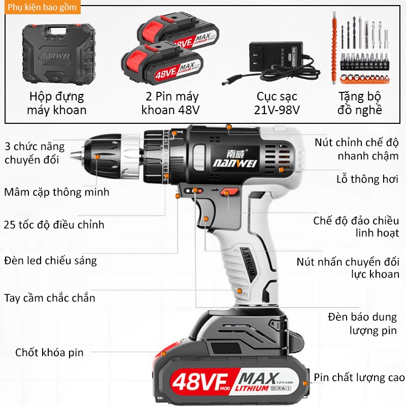 Máy khoan pin 48VF tặng kèm bộ đồ nghề D000448VF, dụng cụ khoan pin sạc, 2 pin Li-Ion 3 chế độ khoan