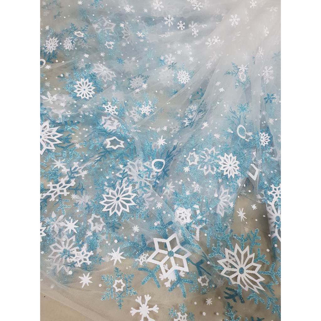 Vải voan lưới elsa anh/ hồng/ đỏ in hình bông tuyết lấp lánh khổ 1m6