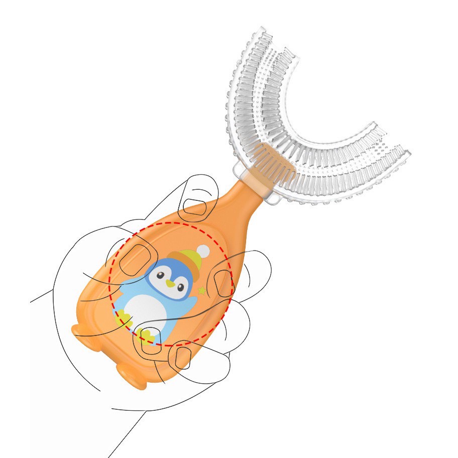 Bàn chải đánh răng chữ U Silicon chim cánh cụt cho bé từ 2- 6 tuổi, Có hộp đựng an toàn