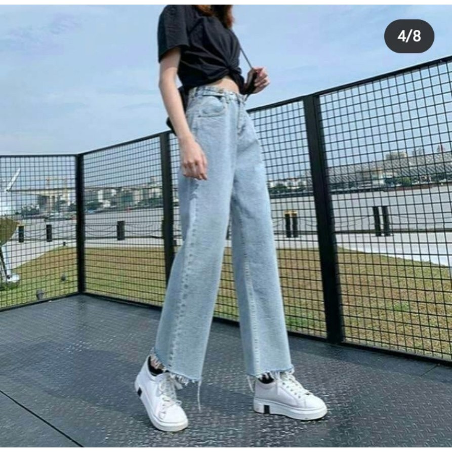 [ FREESHIP ] QUẦN JEAN ỐNG RỘNG NỮ LƯNG CAO MÀU NHẠT LAI TUA ĐAI LƯNG CÁ TÍNH CAO CẤP UTI