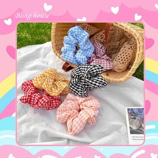 Dây buộc tóc vải scrunchies họa tiết kẻ caro Phong Cách Hàn Quốc