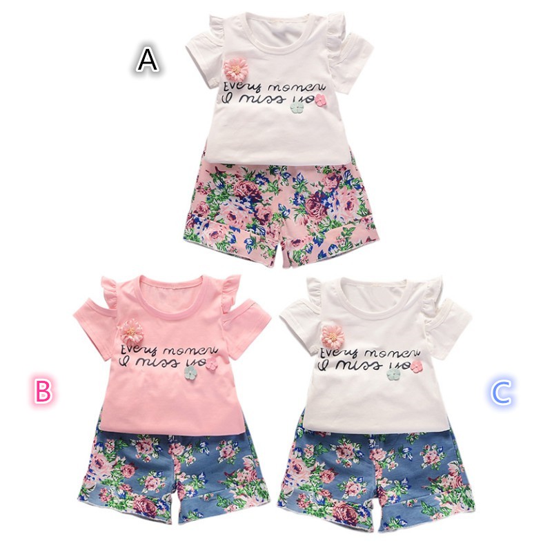 Set áo thun hở vai & quần short cho bé gái