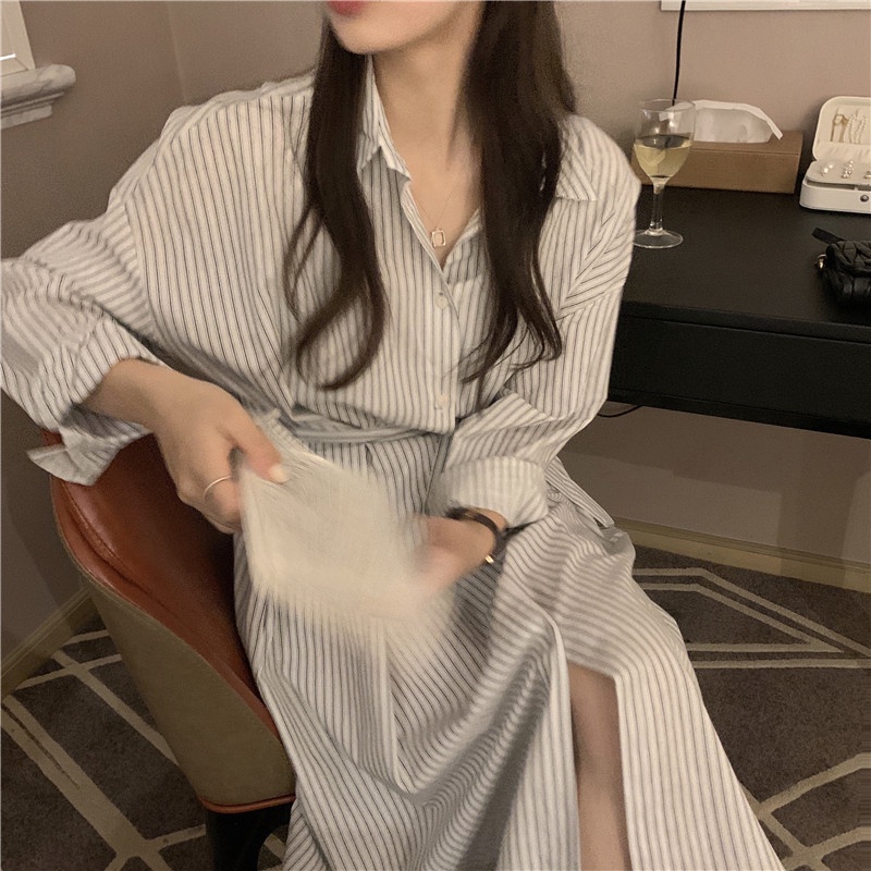 Đầm Tay Dài Dáng Rộng Kẻ Sọc Cài Khuy Kiểu Mới 45697