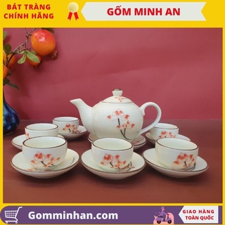 Bộ trà sứ bộ ấm chén sứ men kem sen đỏ gốm sứ bát tràng- gốm minh an