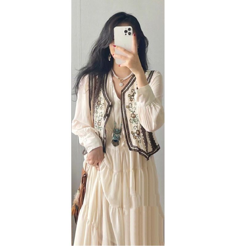 Đầm Dài Mỏng Dáng Rộng Tay Dài Cổ Chữ V Phong Cách bohemian Mùa Thu Cho Nữ