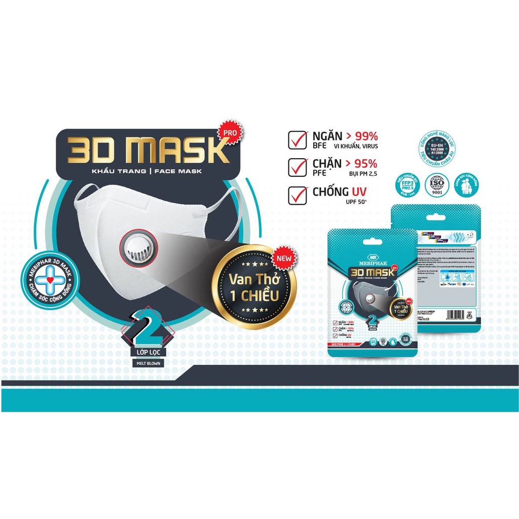 [COM 2 TÚI] Khẩu trang 3D Mask Pro Mebiphar cao cấp có van thở một chiều