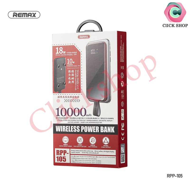 Remax RPP 105 sạc dự phòng remax RPP-105 hỗ trợ sạc không dây nhanh PD18W dung lượng 10000mAh có móc đeo