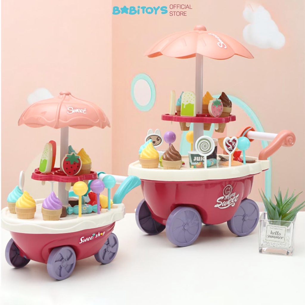 Đồ chơi xe đẩy kem 2 tầng có nhạc có đèn 30 chi tiết cho bé gái, xe đẩy kẹo chơi đồ hàng