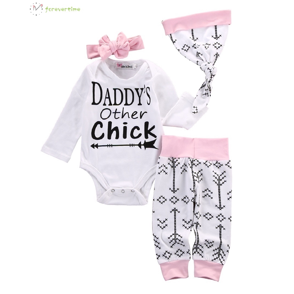 ☞mũ☜ 4pcs/ Set Rompers Cotton Newborn Baby Girls Romper +Long Pants+ Hat+ Headband Outfits Set Clothes Sets