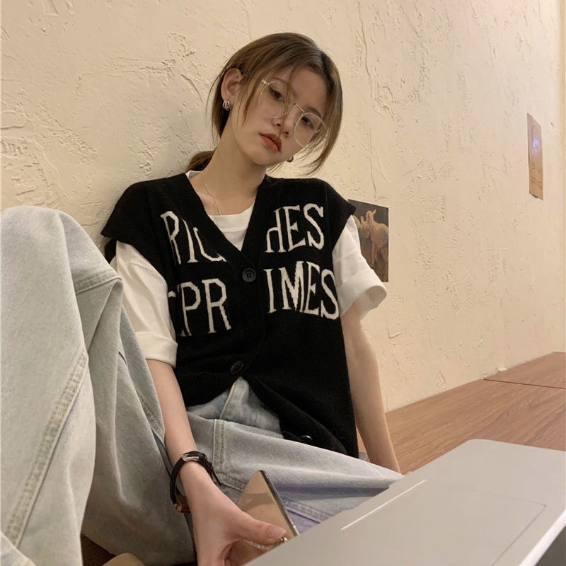 Áo Cardigan Dệt Kim Sát Nách Cổ Chữ V Thiết Kế Dáng Rộng Thoải Mái