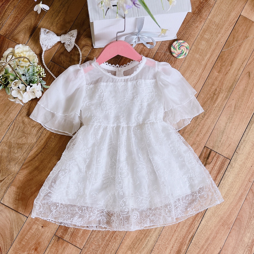 Váy đầm công chúa/ váy sinh nhật thiết kế cho bé gái từ 8-18kg màu trắng chất ren tơ lụa mềm mịn mát