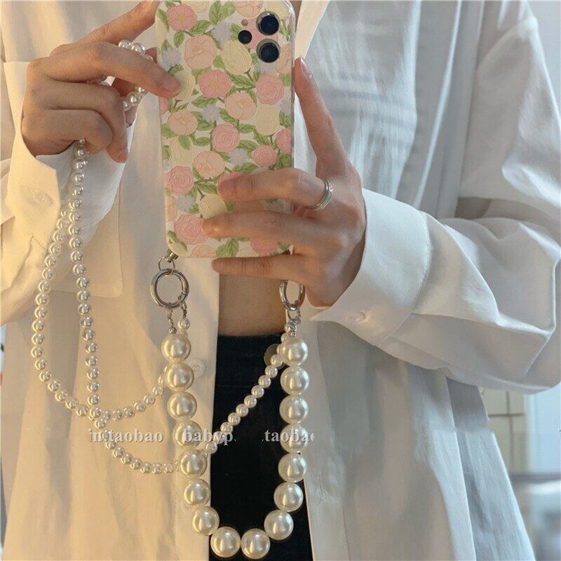 Ốp Điện Thoại Dẻo Họa Tiết Hoa Kèm Dây Đeo Ngọc Trai Cho iPhone 13 11 12 Pro Max MiNi XR X XS 7 8 Plus SE 220