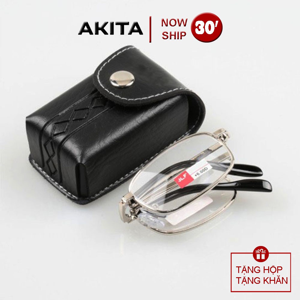 Kính lão thị kính đọc chữ AKITA gọng hợp kim tròng Thủy tinh mắt sáng rõ gập gọn (tặng bao đeo hông nâu hoặc đen)