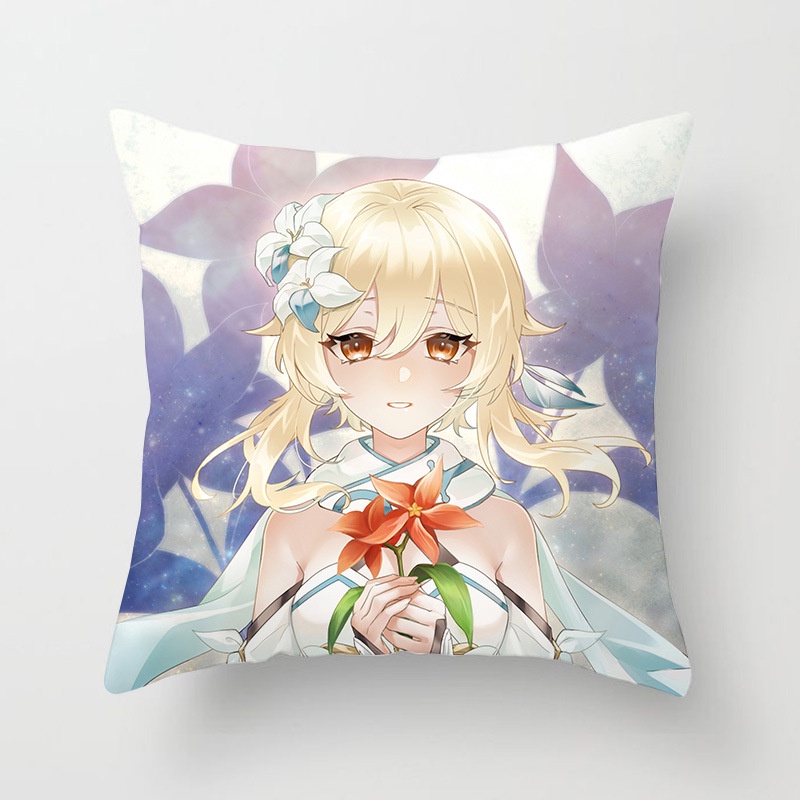 Gối ôm vuông tựa lưng Genshin Impact 45x45cm Zhongli Hutao Xiao Ayaka Paimon Keqing Ganyu Nhà lữ hành