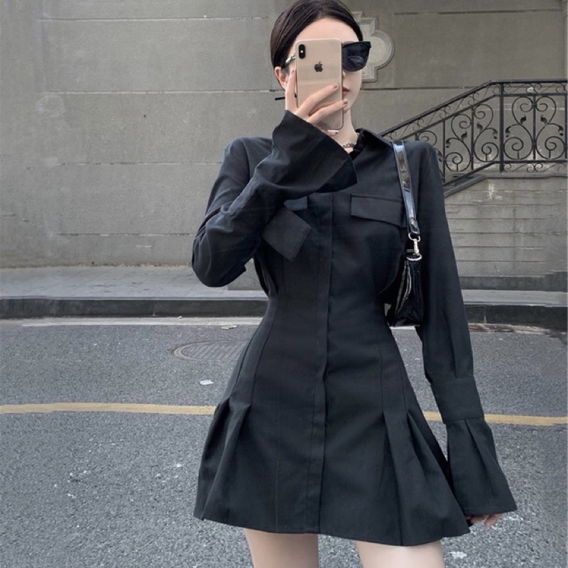 Đầm sơ mi tay dài đắp túi CAO CẤP phong cách công sở ( sẵn trắng size S M )