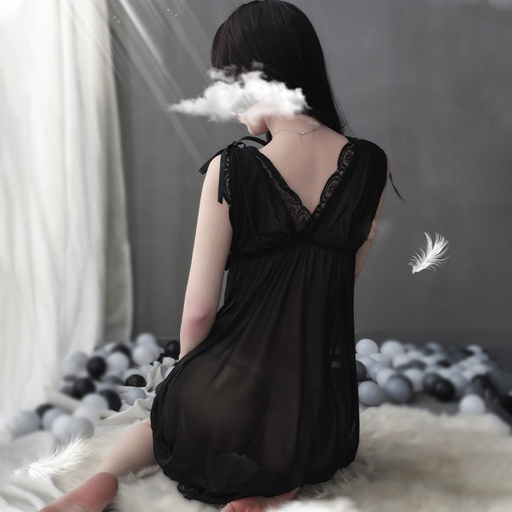 HÀNG CAO CẤP -  Váy ngủ ren sexy bẹt vai mặc hai kiểu đồ ngủ big size voan thun với màu đen quyến rũ  - Hàng Cao Cấp