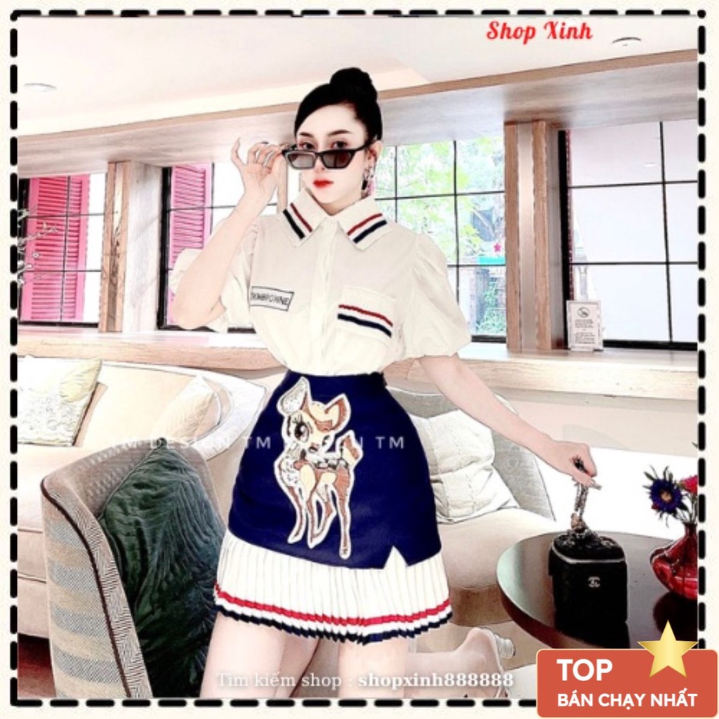 Set bộ sơ mi tay bồng viền đỏ ThomBrowne mix chân váy hình chú Hươu có quần chống lộ xinh xắn cho nàng hẹn hò