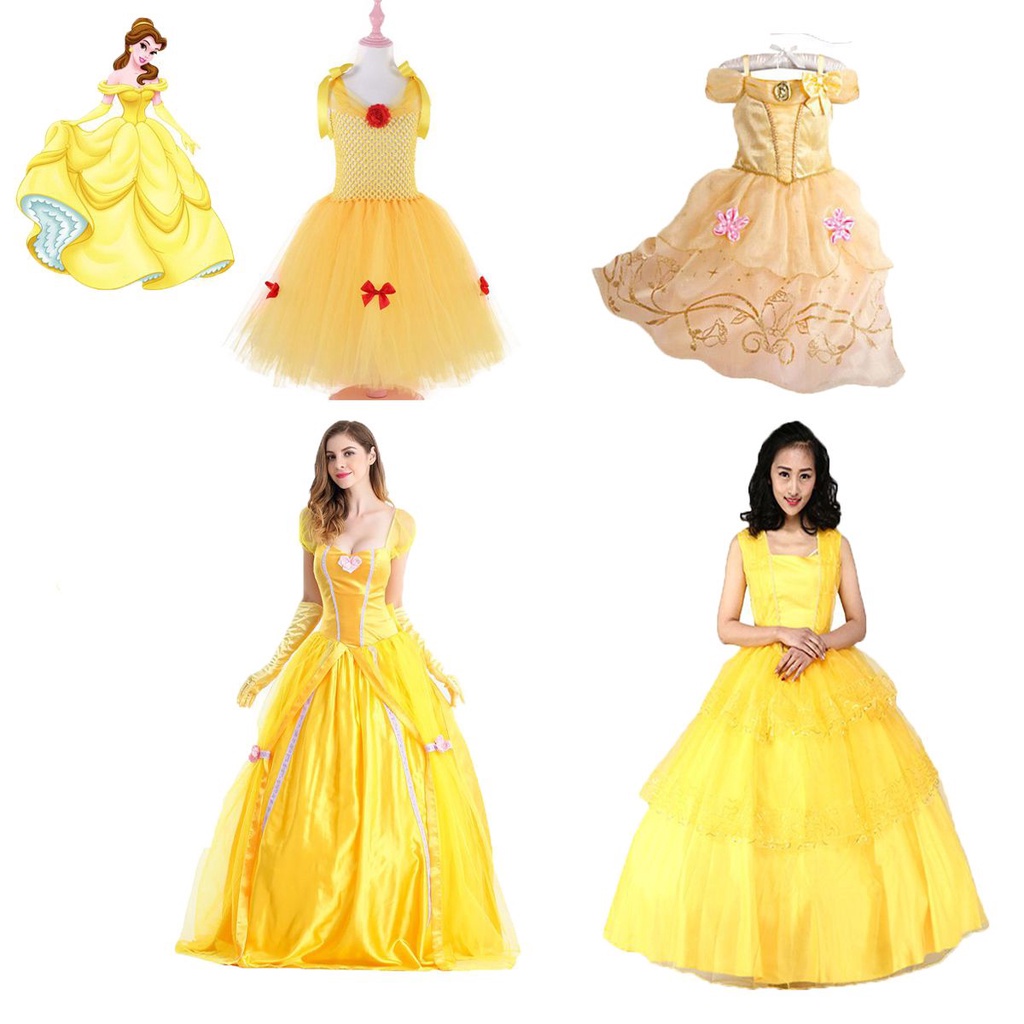 Disney Princess Belle Cosplay Costume Beauty And The Beast Halloween Party Dress Up For Girl Matching Dresses Parent-child Dress