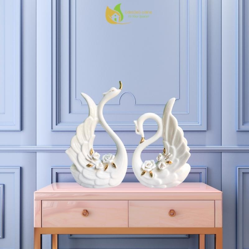 Tượng cặp đôi thiên nga trắng hạnh phúc chất liệu gốm sứ cao cấp, quà tặng tân gia khai trương, trang trí sang trọng