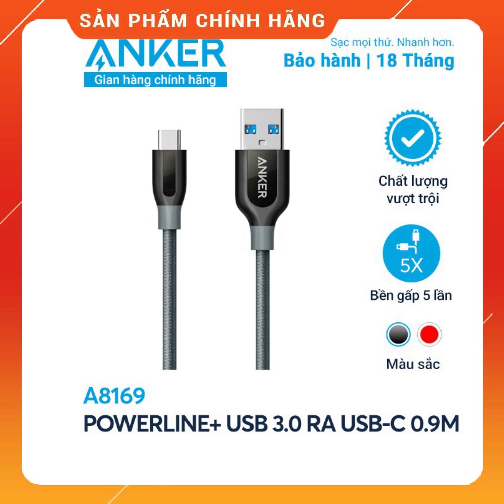 Cáp sạc ANKER PowerLine+ USB-C ra USB 3.0 dài 0.9m - A8168