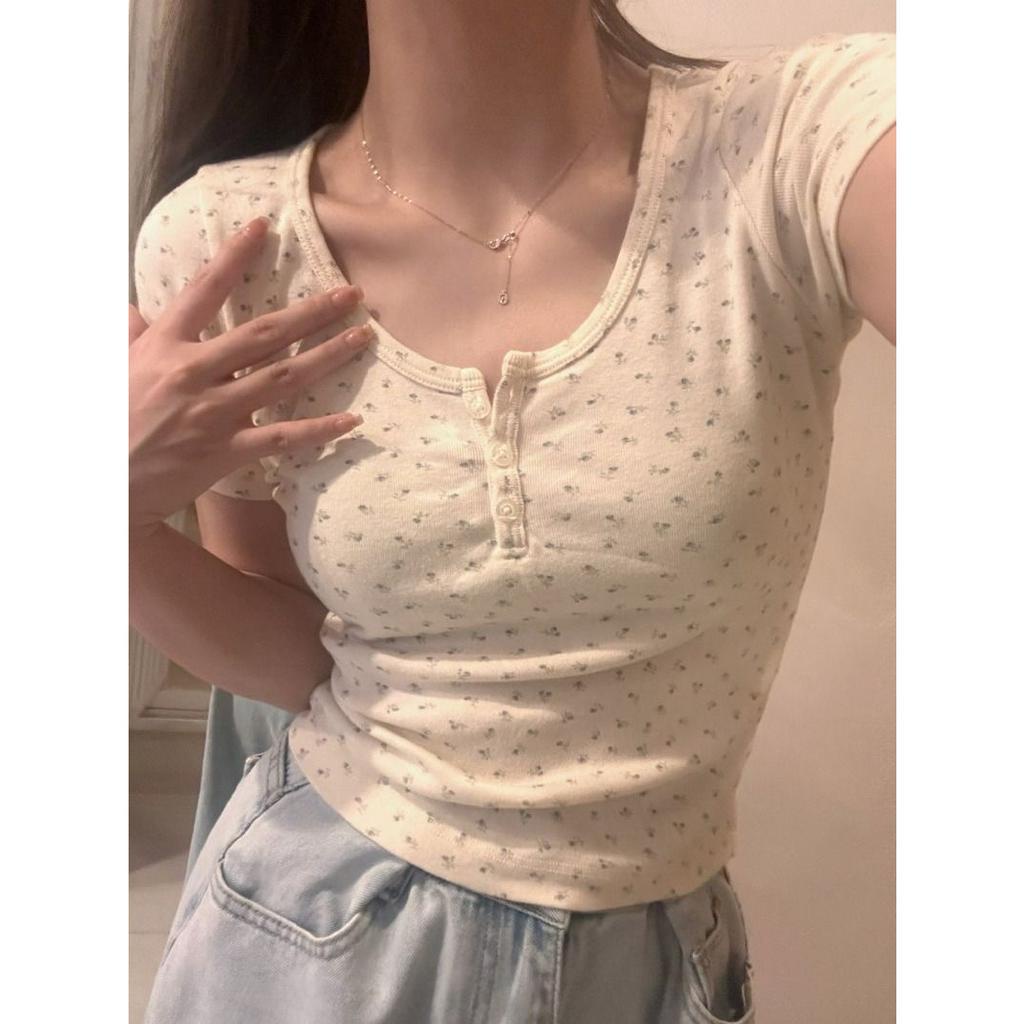 Ethelgirl Áo Thun Tay Ngắn Cổ Vuông Dáng Ôm Phong Cách Hàn Quốc Thời Trang Cho Nữ