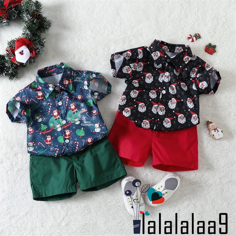 La- set Đồ 2 Món Gồm Áo Sơ Mi Tay Cộc Cổ Bẻ In Họa Tiết Ông Già Noel + Quần Ngắn Màu Trơn Cho Bé Trai