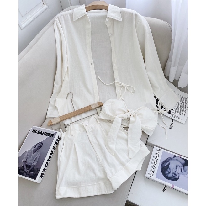 SET ÁO ỐNG LƯNG SAU CHUN NƠ NGỰC + ÁO SƠ MI + QUẦN SHORT