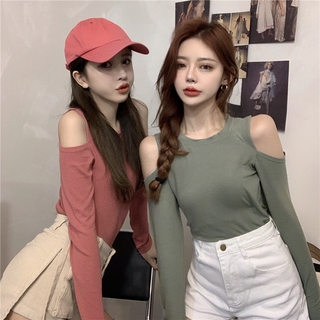 Phụ Nữ Mùa Thu Cẩn Thận Máy Rò Rỉ Vai Dài Tay Đáy Áo Sơ Mi Cổ Tròn Đen Áo Thun 2020 Mỏng Top ig Hợp Thời Trang wd1417