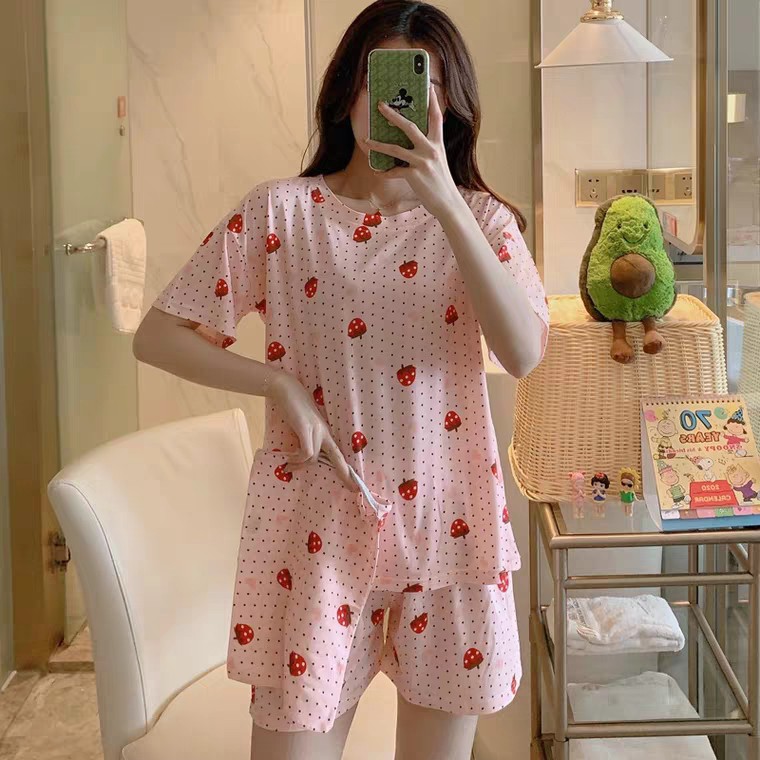 [ Mã WASTAPR giảm 10K đơn 50K] BỘ NGỦ CỘC TAY HÌNH QUẢ ĐÀO - BỘ MẶC NHÀ CHẤM BI TRÁI DÂU ULZZANG | BigBuy360 - bigbuy360.vn