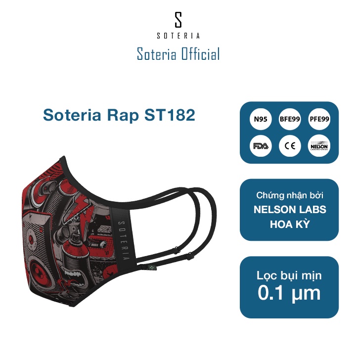 Khẩu trang tiêu chuẩn Quốc Tế SOTERIA Rap ST182 - Bộ lọc N95 BFE PFE 99 lọc đến 99% bụi mịn 0.1 micro- Size S,M,L