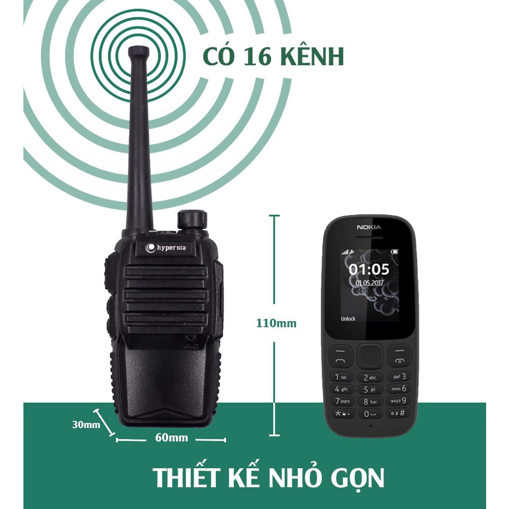 Bộ Đàm Cầm Tay Hypersia H1 bắt sóng 2km-5km, pin 2000mAh, Bảo Hành 12 Tháng