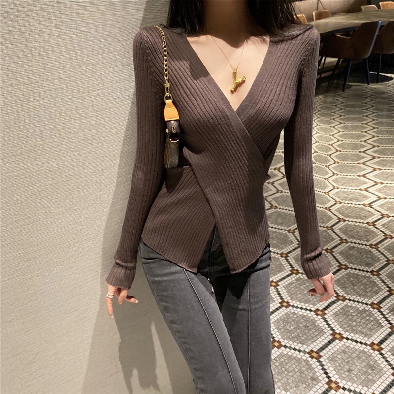 Áo Sweater Dệt Kim Tay Dài Cổ Chữ v Màu Sắc Đơn Giản Thời Trang Mùa Thu Cho Nữ