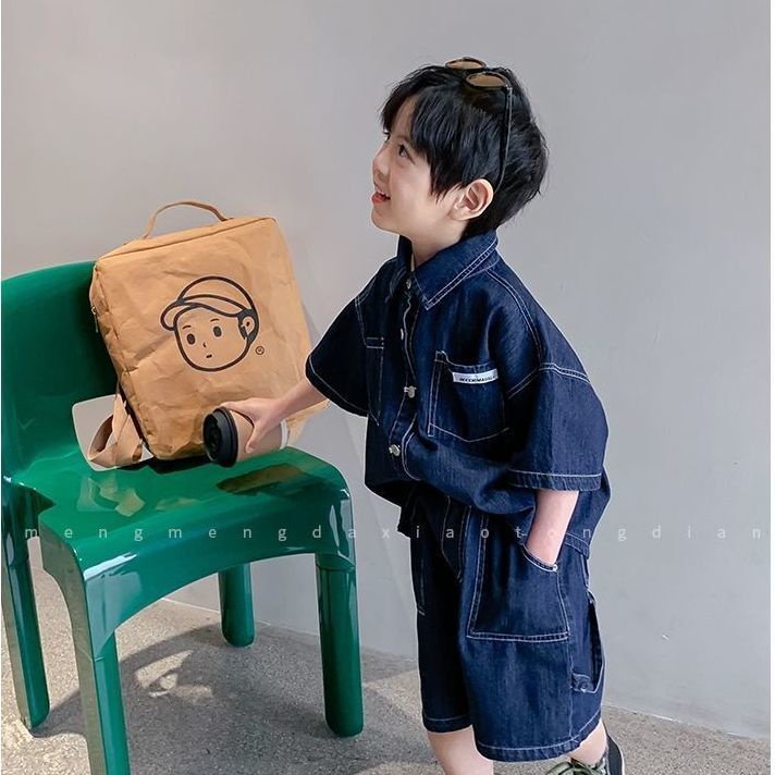 Bộ Áo Sơ Mi Ngắn Tay + Quần Đùi Denim Phong Cách Hàn Quốc Thời Trang Mùa Hè Mới Cho Bé Trai