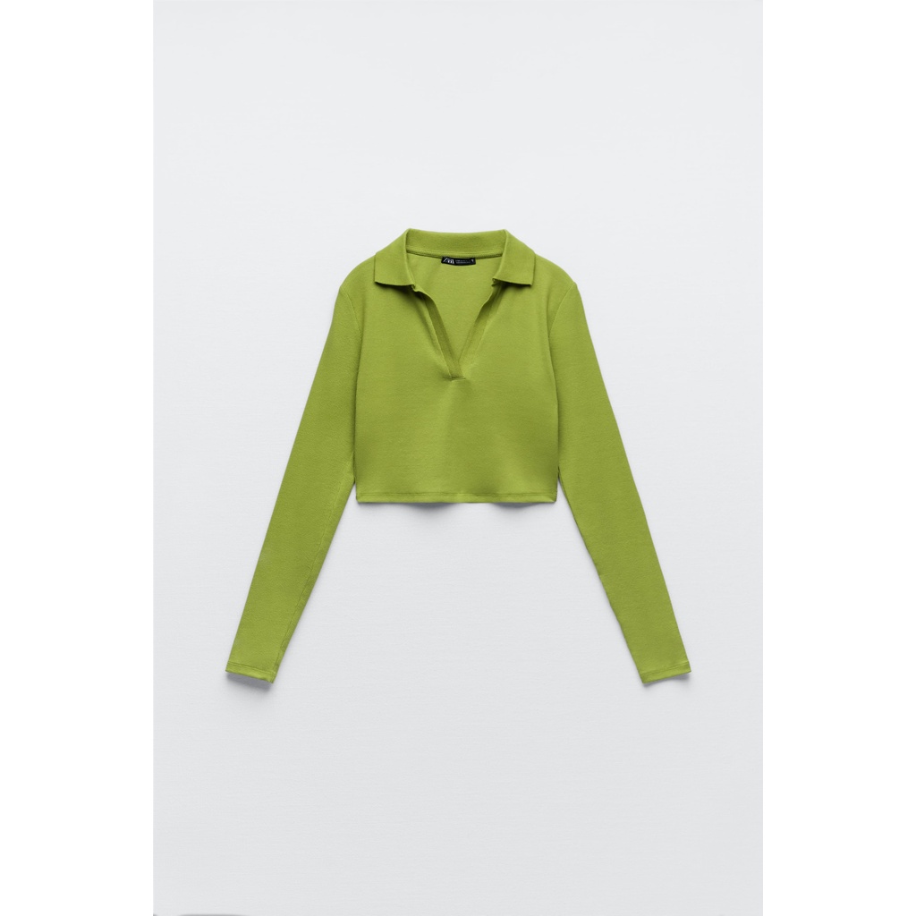 ZARA Đức - Áo kiểu chính hãng auth new tag cao cấp có sẵn sale polo tay dài không nút 3641/814 trắng xanh lá croptop