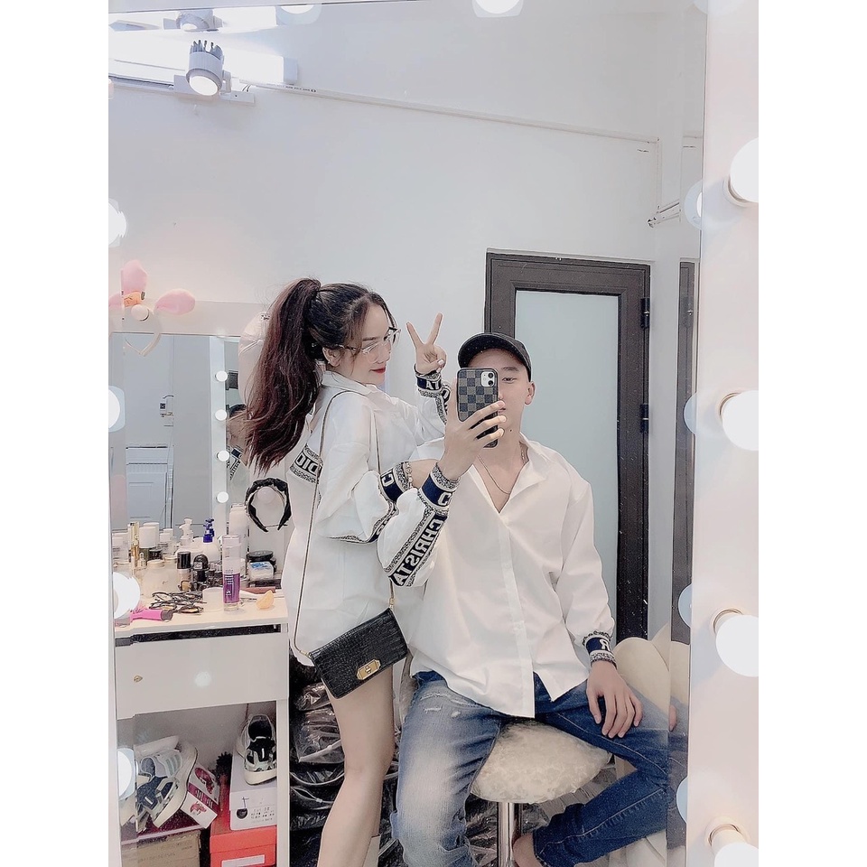 Áo sơ mi dài tay nữ unisex, phối chữ viền tay. Áo đi học đi làm, chất liệu mát, dáng suông, form rộng, kiểu dáng Hàn