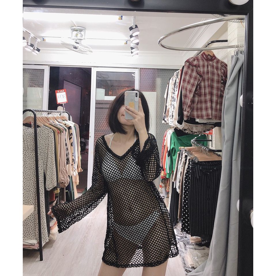 Áo dài tay mặc ngoài bikini đi biển lưới đen