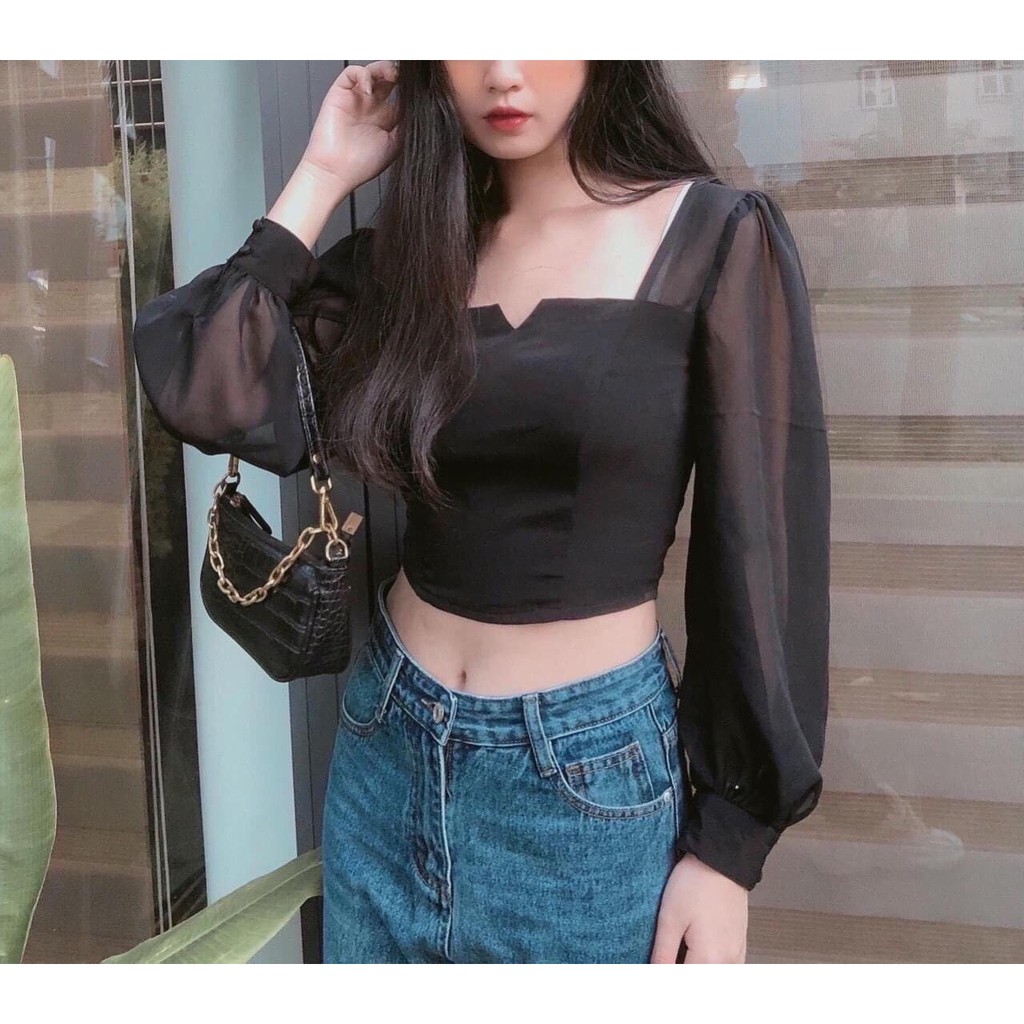 Áo croptop đen tay voan dài siêu xinh (kèm hình thật)