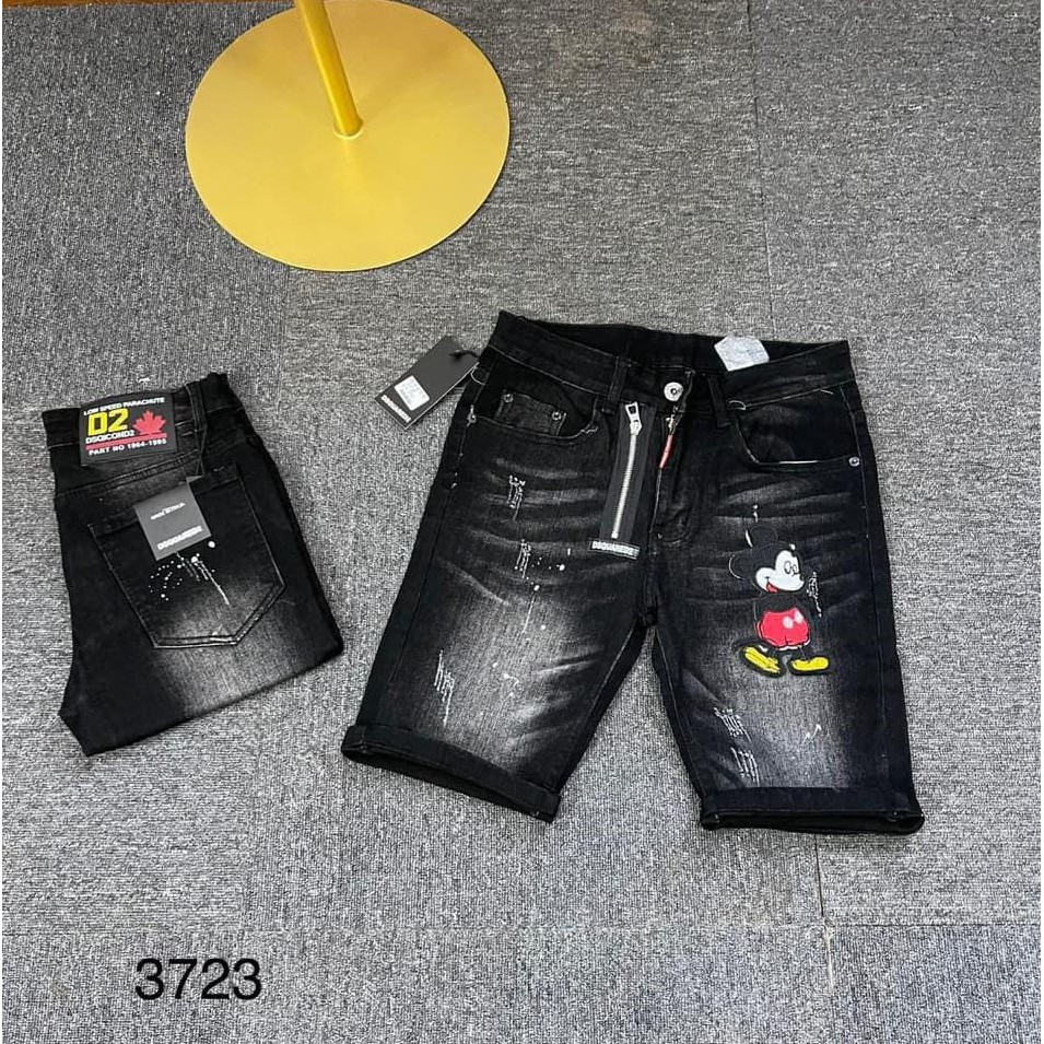 Quần short jean nam màu xám đậm co giãn vài dày dặn, thêu mickey nổi độc lạ chuẩn VB-SHOP 006