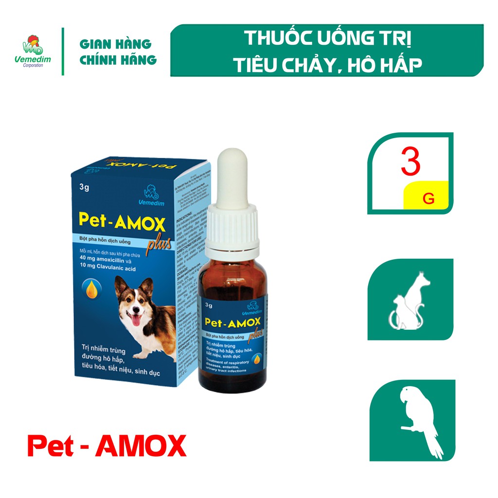 Vemedim Pet Amox Plus hỗn dịch uống dùng cho chó mèo, chim cảnh khò khè, sổ mũi, lọ bột 3g